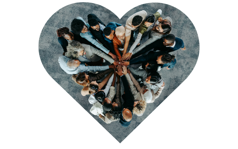 Inclusive experiences in the workplace image of people from different backgrounds and religions standing together in a group circle. 
